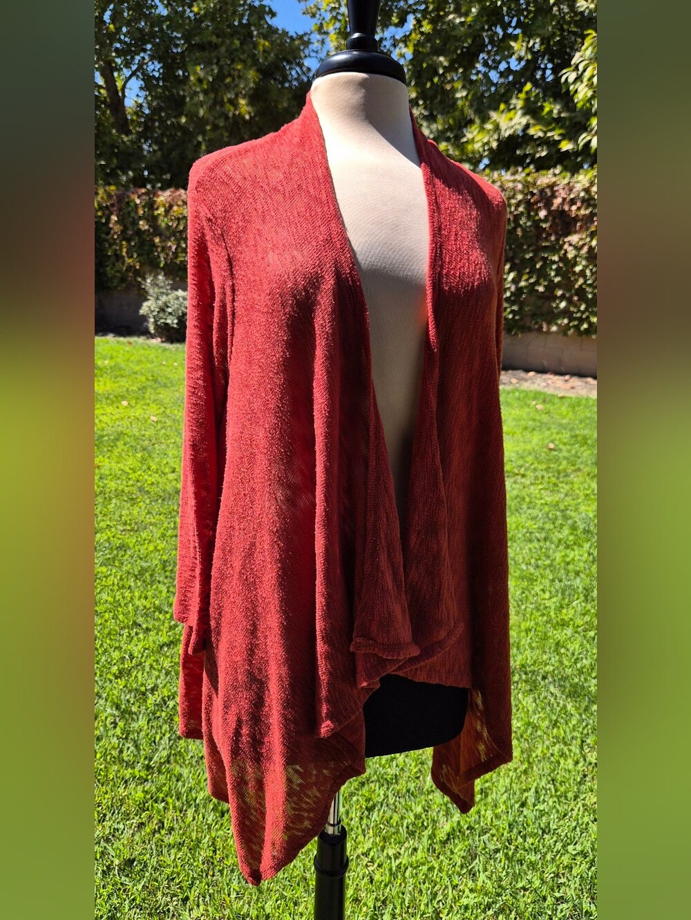 New Directions Burnt Orange Asymmetrical Peplum Waterfall Cardigan L #0526